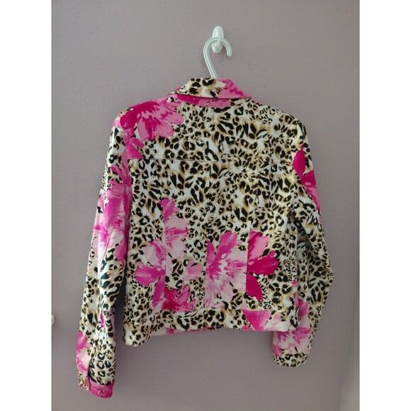Boston Proper Jean Jacket Women's Size Medium Long Sleeve Floral Leopard Print - Picture 10 of 13